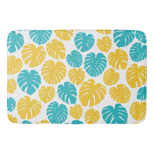 Monstera Leaves in Turquoise, Yellow, and White Bath Mat