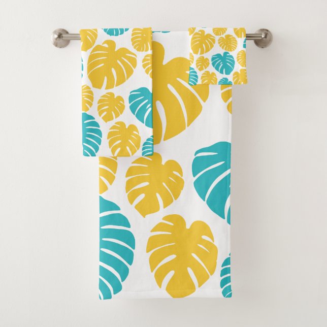 Monstera Leaves in Turquoise, Yellow, and White Bath Towel Set (Insitu)