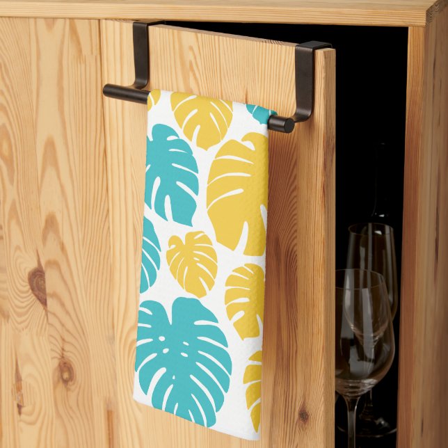 Monstera Leaves in Turquoise, Yellow, and White Kitchen Towel (Thirds Fold)