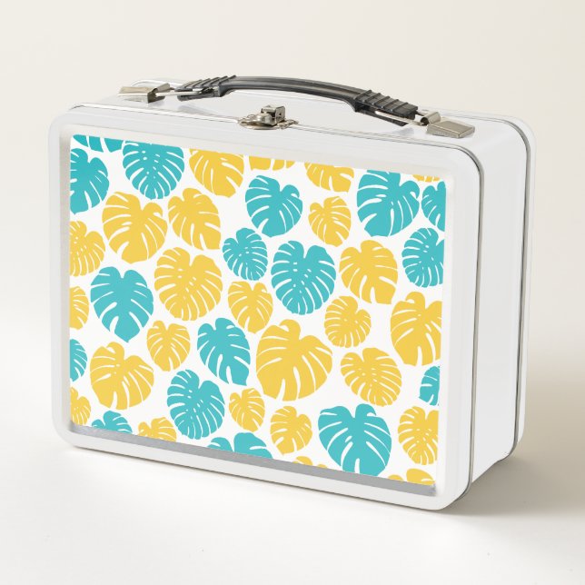 Monstera Leaves in Turquoise, Yellow, and White Metal Lunch Box (Front)
