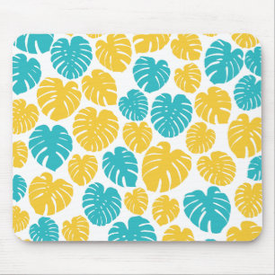 Monstera Leaves in Turquoise, Yellow, and White Mouse Pad