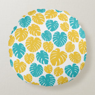 Monstera Leaves in Turquoise, Yellow, and White Round Pillow