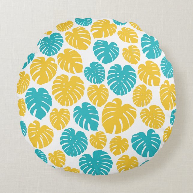 Monstera Leaves in Turquoise, Yellow, and White Round Pillow (Front)