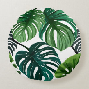 Monstera Leaves Modern Watercolor Botanical Round Pillow