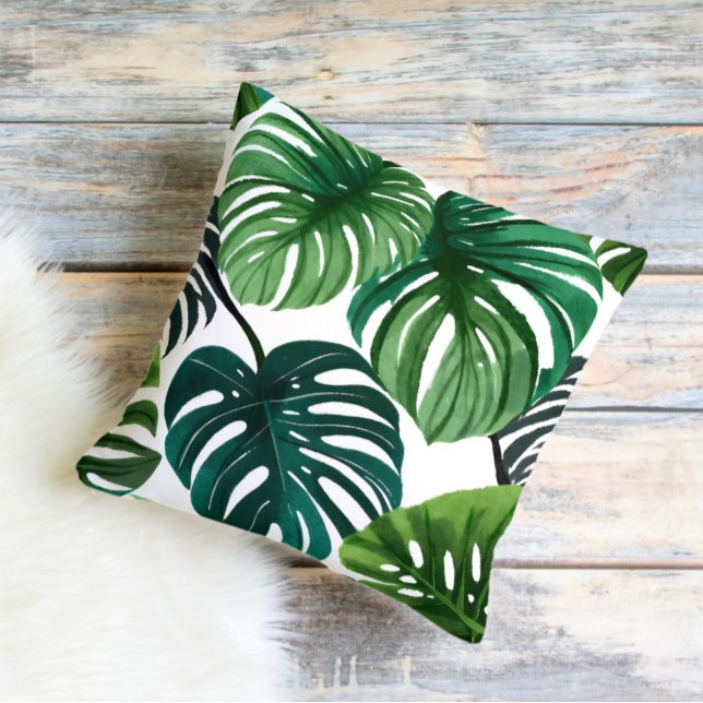 Monstera Leaves Modern Watercolor Botanical Throw Pillow (Creator Uploaded)