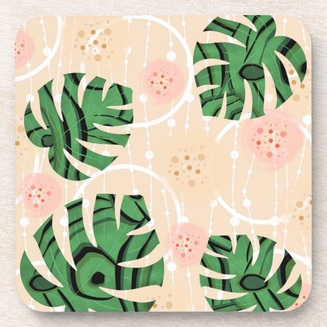 Monstera leaves on pink.  coaster (Front)
