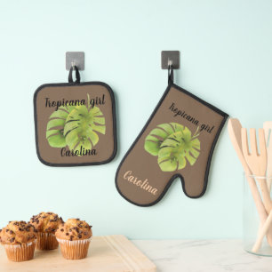 Monstera leaves oven mitt & pot holder set