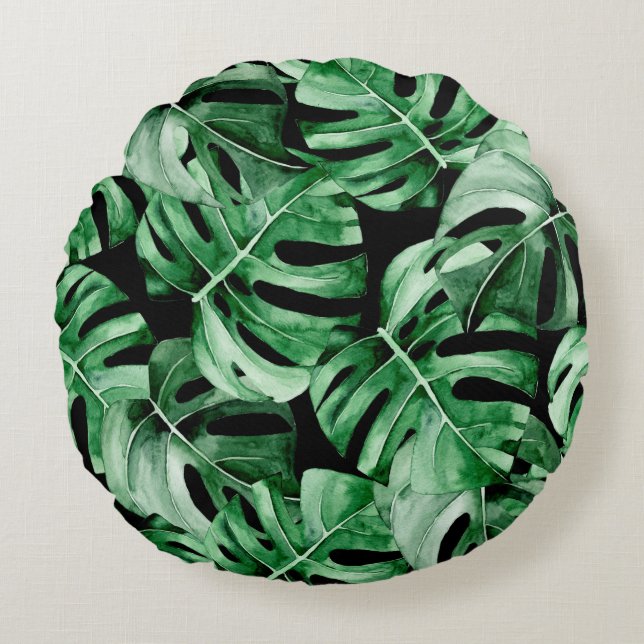 Monstera leaves pattern round pillow (Front)