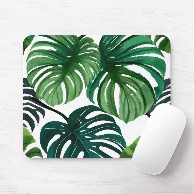 Monstera Leaves | Simple Modern Watercolor Mouse Pad (With Mouse)