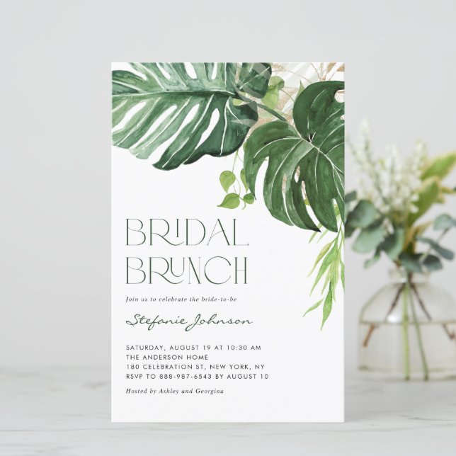 Monstera Leaves Summer Bridal Brunch Invitation (Standing Front)