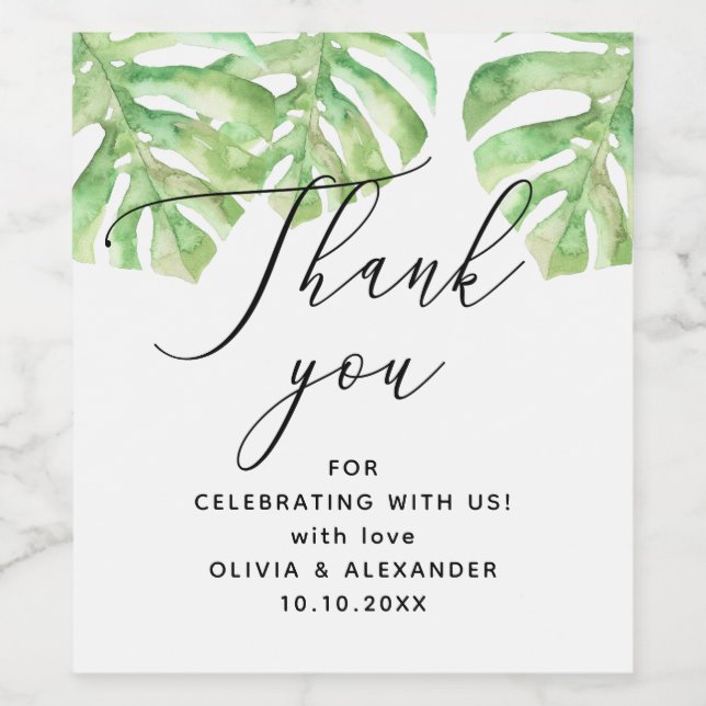 Monstera leaves. Summer tropical wedding thank you Wine Label (Single Label)