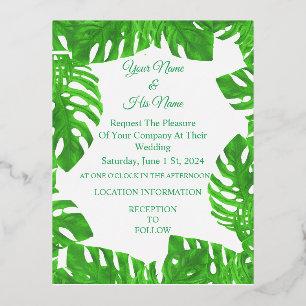 Monstera Leaves Thunder_Cove Foil Invitation Postcard
