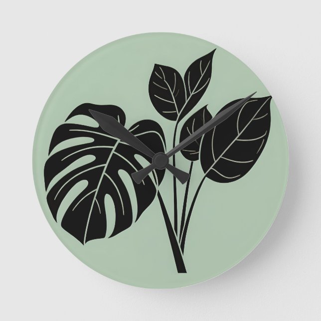 Monstera Leaves Tropical Minimalist Sage Round Clock (Front)