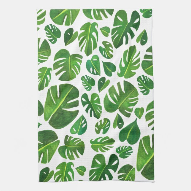 Monstera Leaves tropical plants green gouache Kitchen Towel (Vertical)