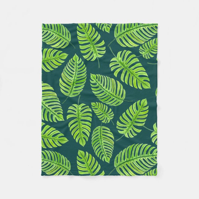 Monstera leaves, tropical watercolor pattern fleece blanket (Front)
