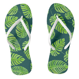 Monstera leaves, tropical watercolor pattern flip flops