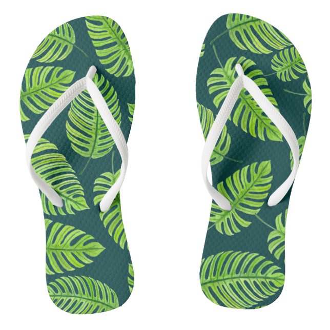 Monstera leaves, tropical watercolor pattern flip flops (Footbed)