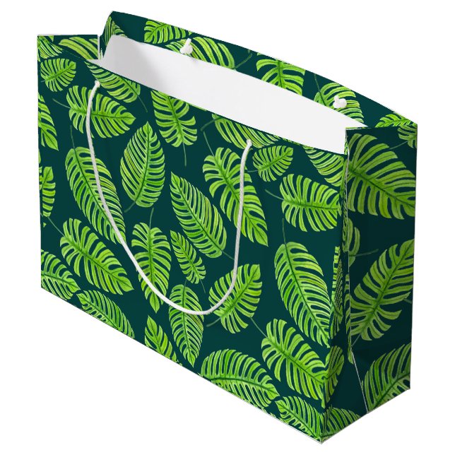Monstera leaves, tropical watercolor pattern large gift bag (Back Angled)