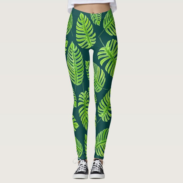 Monstera leaves, tropical watercolor pattern leggings (Front)