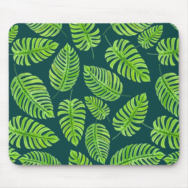 Monstera leaves, tropical watercolor pattern mouse pad (Front)