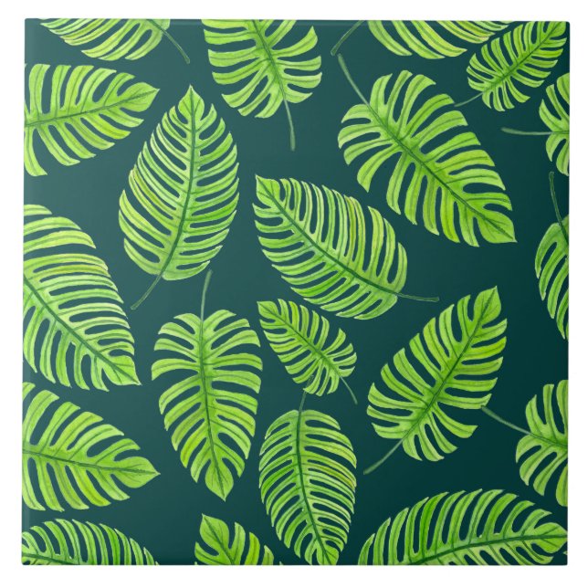 Monstera leaves, tropical watercolor pattern tile (Front)