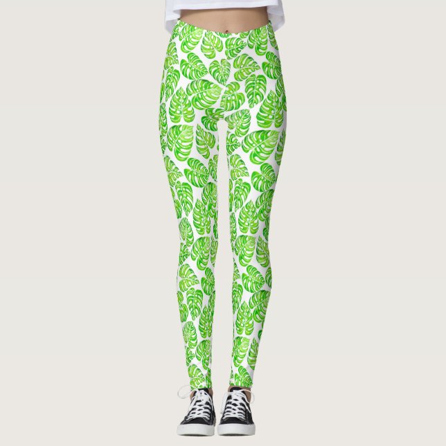 Monstera leaves watercolor leggings (Front)