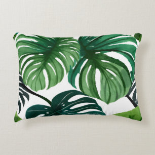 Monstera Leaves Watercolor Modern Botanical Accent Pillow