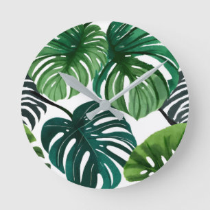 Monstera Leaves Watercolor Modern Botanical Round Clock