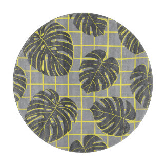 Monstera Leaves: Yellow-Grey Modern Abstract Cutting Board