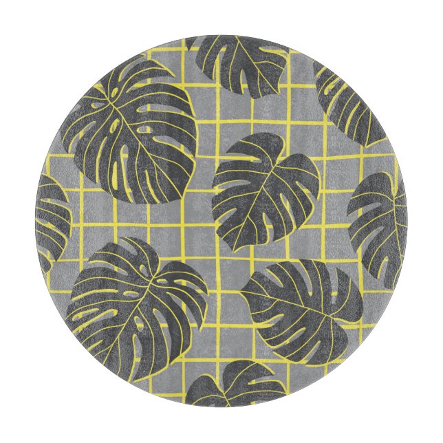 Monstera Leaves: Yellow-Grey Modern Abstract Cutting Board (Front)