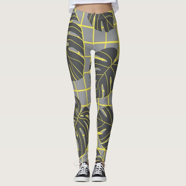 Monstera Leaves: Yellow-Grey Modern Abstract Leggings (Front)