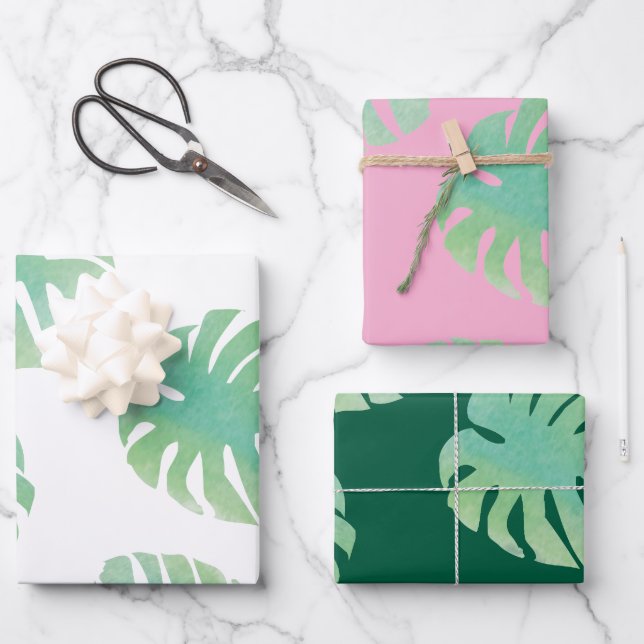 Monstera Mini Leaf Pattern Tropical Plants Wrapping Paper Sheet (Front)