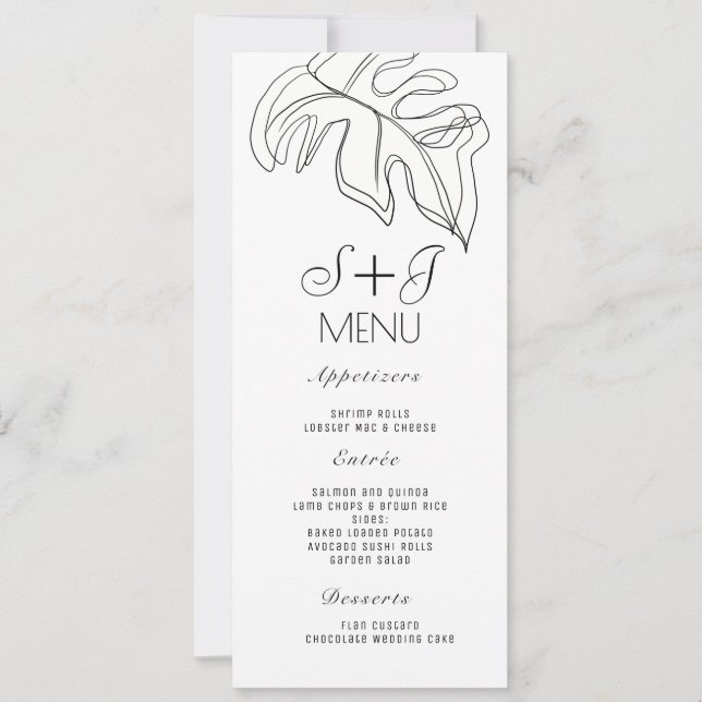 Monstera Minimal Double Line Art Wedding Menu (Front)