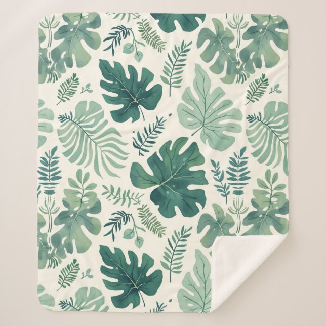 Monstera Mood – Tropical Leaf  Sherpa Blanket (Front)