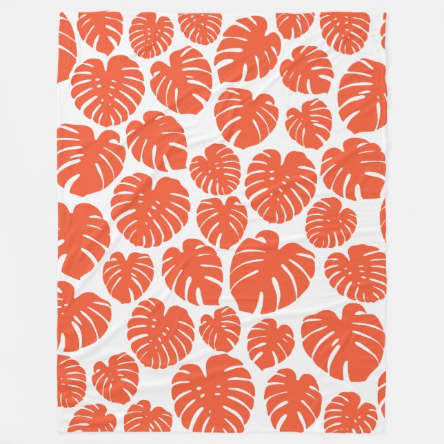 Monstera - Orange and White Fleece Blanket (Front)