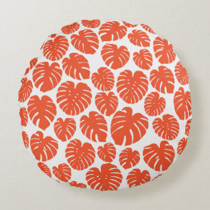 Monstera - Orange and White Round Pillow