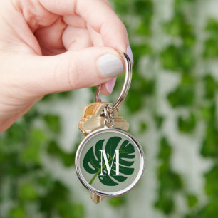 Monstera palm leaf drawing custom monogram keychain