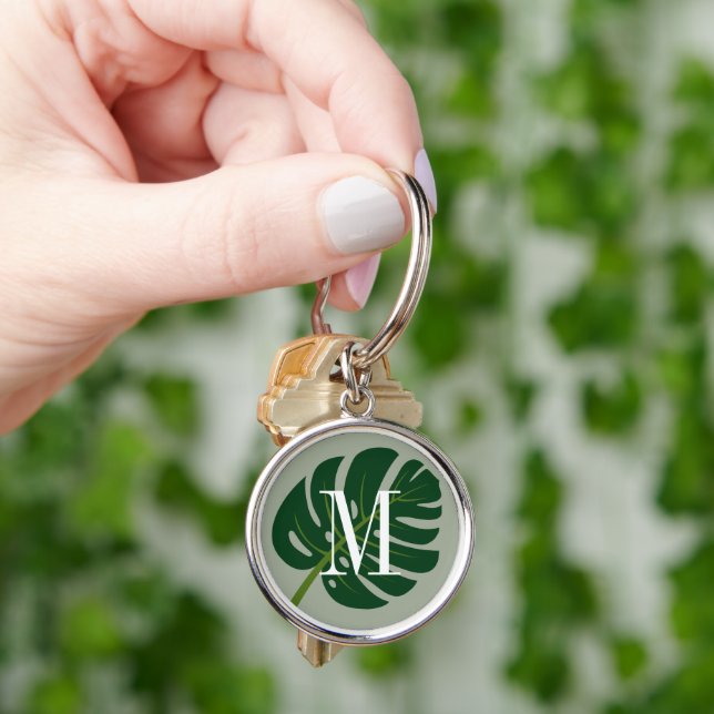 Monstera palm leaf drawing custom monogram keychain (Hand)