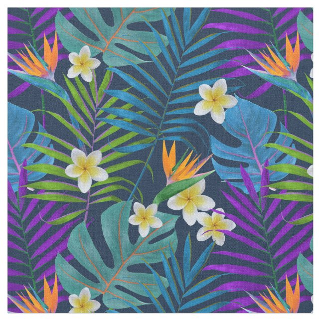Monstera Palm Trees Plumeria Birds of Paradise Fabric (Close Up)