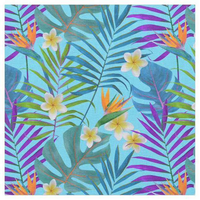 Monstera Palm Trees Plumeria Birds of Paradise Fabric (Close Up)