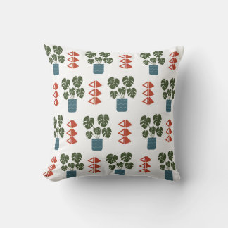 Monstera Plant and Red Triangles Couch Pillow