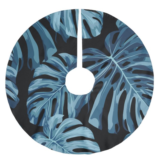 Monstera plant: blue leaves pattern. brushed polyester tree skirt (Front)