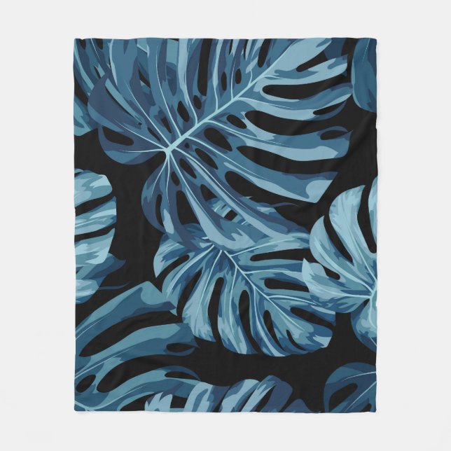 Monstera plant: blue leaves pattern. fleece blanket (Front)