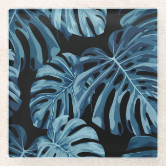 Monstera plant: blue leaves pattern. glass coaster