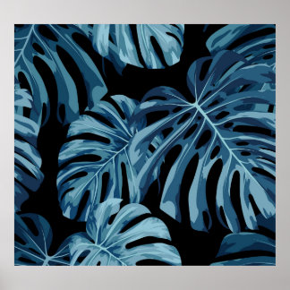 Monstera plant: blue leaves pattern. poster