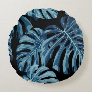 Monstera plant: blue leaves pattern. round pillow