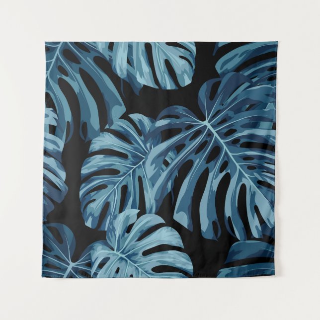 Monstera plant: blue leaves pattern. tapestry (Front)