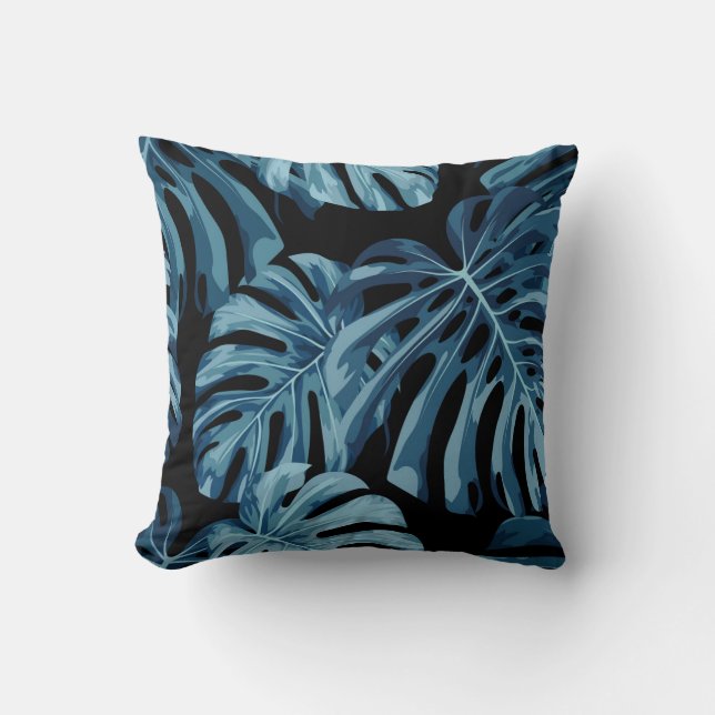 Monstera plant: blue leaves pattern. throw pillow (Front)