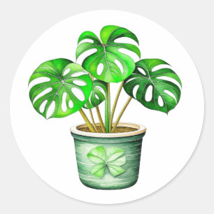 Monstera Plant in a Pot Watercolor Ai Art Classic Round Sticker