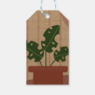 Monstera Plants Terracotta Plaid Background Pink Gift Tags